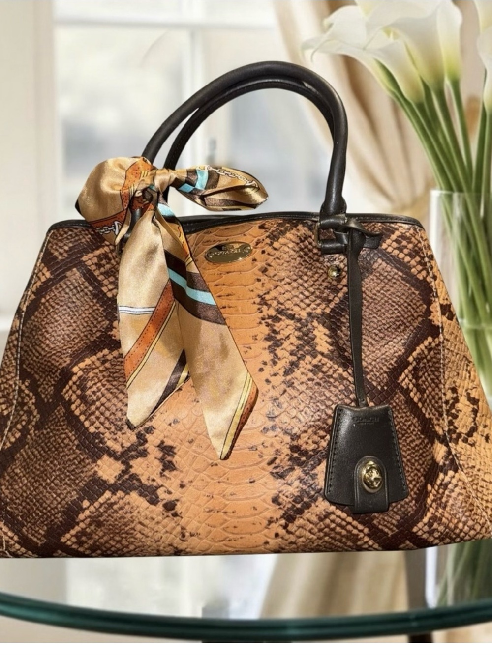 COACH Margot Python Embossed Leather Margot Carryall Satchel Bag Brown